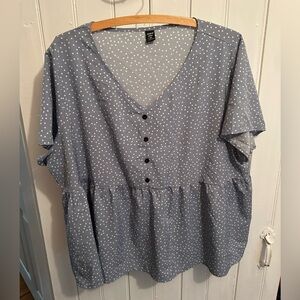 (3/$20) SHEIN 3x Blue and White Polka Dot short sleeve vneck peplum Blouse